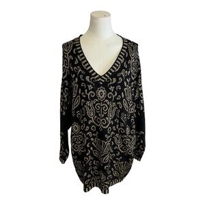PIERRE CARDIN‎ Black Gold Print Sweater Mini Dress size S M L V Neck Vintage VTG